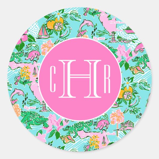 Sticker Rond Carte Floride Preppy Palm Beach Motif Monogrammé (Devant)