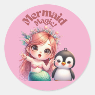 Sticker Rond Carte magique de la sirène de Noël avec un manchot