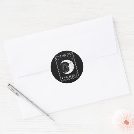 Sticker Rond Carte Moon Tarot Crescent Moon Et Cat Graphisme (Enveloppe)