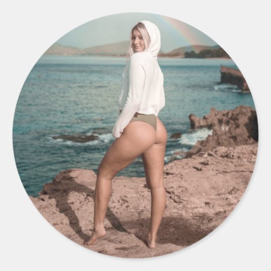 Sticker Rond Carte postale photo fille bikini (Devant)