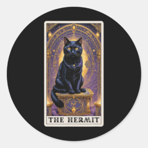 Sticker Rond Carte Tarot Chat Noir L'Hermite Halloween Enfants