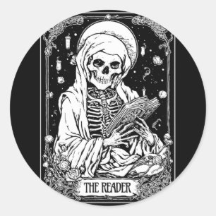 Sticker Rond Carte Tarot Reader Skeleton Bookish Halloween S