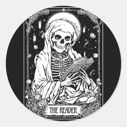 Sticker Rond Carte Tarot Reader Skeleton Bookish Halloween S (Devant)