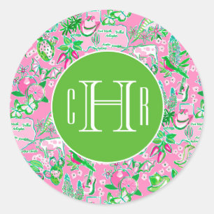 Sticker Rond Carte Texas Pink & Green Preppy Motif Monogramme