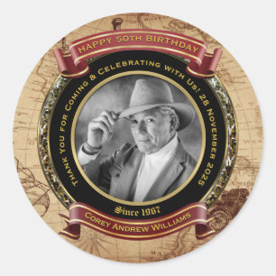 Sticker Rond Carte Vintage de l'Anniversaire de la photo Gold 5