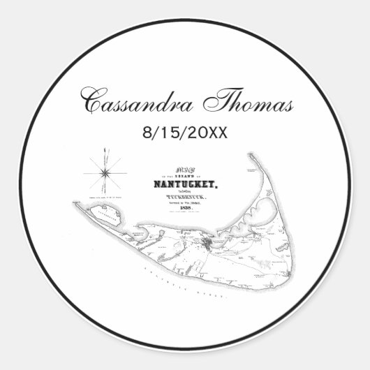 Sticker Rond Carte Vintage de l'île Nantucket (Devant)