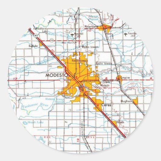 Sticker Rond Carte Vintage Modesto California (Devant)