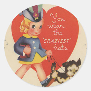Sticker Rond Carte vintage Retro Girl Walking Puppy Valentine