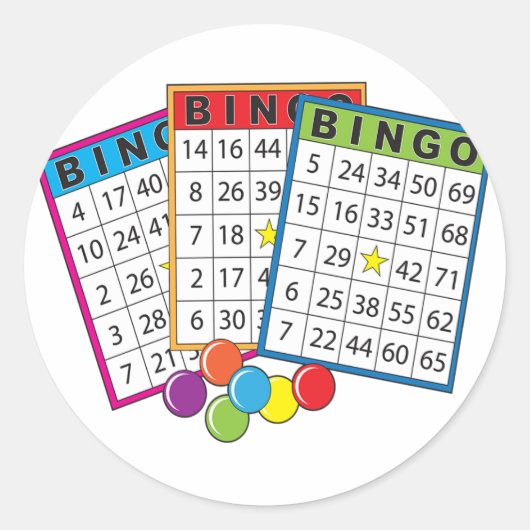 Sticker Rond Cartes de jeu de bingo colorées avec jetons (Devant)