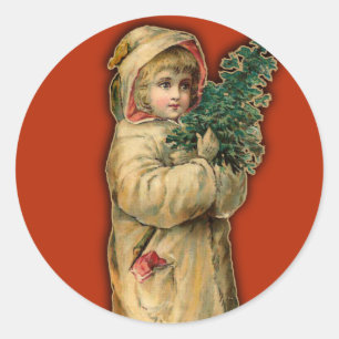 Sticker Rond Cartes de Noël victoriennes Enfant avec arbre