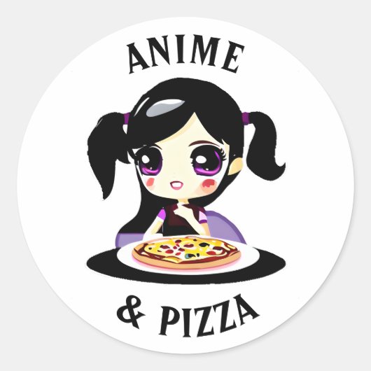 Sticker Rond Carton Anime et Pizza noir et violet (Devant)