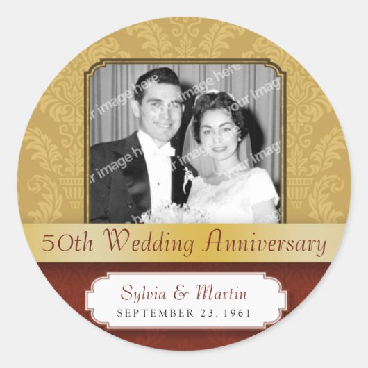 Sticker Rond Carton Damask Golden (50e) Anniversaire (Devant)