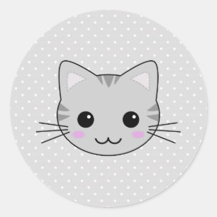 Sticker Rond Carton de chat gris Cute Kawaii