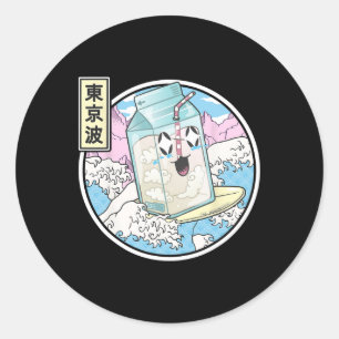 Sticker Rond Carton de Lait de Surf en Vague Japonaise Vaporwav