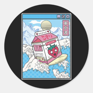 Sticker Rond Carton de Lait Fraise Surfant Japon Vague Kawaii