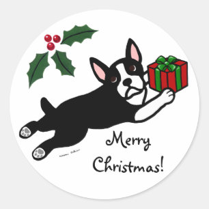Sticker Rond Carton de Noël 2 de Boston Terrier