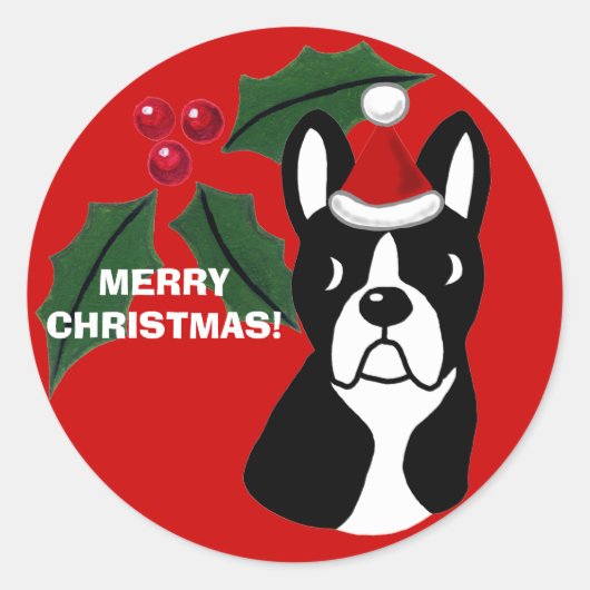 Sticker Rond Carton de Noël de Boston Terrier (Devant)