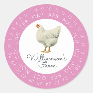 Sticker Rond Carton d'œufs à date encadrée par une poule vintag