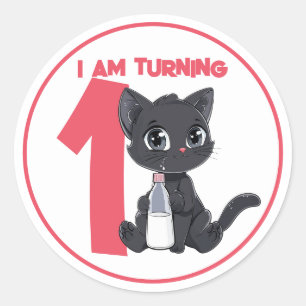 Sticker Rond Carton mignon Chat noir Anniversaire