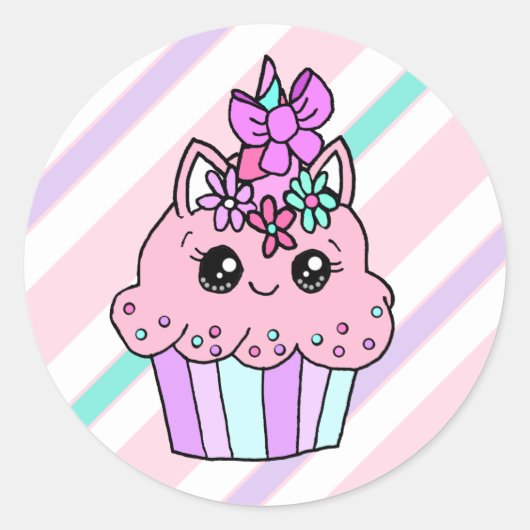 Sticker Rond Carton mignon Whimsical Unicorn Cupcake (Devant)