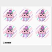 Sticker Rond Carton mignon Whimsical Unicorn Cupcake (Feuille)