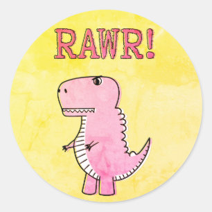 Sticker Rond Carton rose Mignonne Et En Colère T-Rex Vieux Papi