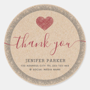 Sticker Rond Carton vintage merci script coeur rouge