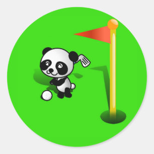 Sticker Rond Cartoon Baby Panda Bear Golfing sur le vert