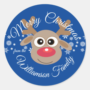Sticker Rond Cartoon de Noël Cute Reindeer bleu Nouveauté