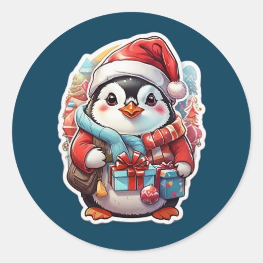 Sticker Rond Cartoon de pingouin de Noël mignon (Devant)