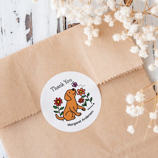 Sticker Rond Cartoon Fox Red Labrador Flowers