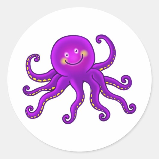 Sticker Rond Cartoon mignon Aquatique Violet Octopus Océan Anim (Devant)