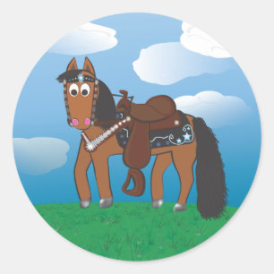 Sticker Rond Cartoon mignon Cheval de l'Ouest