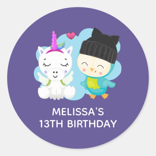 Sticker Rond Cartoon Pals - Bonne licorne et Anniversaire des o (Devant)