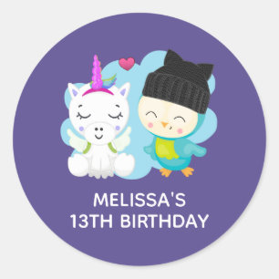 Sticker Rond Cartoon Pals - Bonne licorne et Anniversaire des o