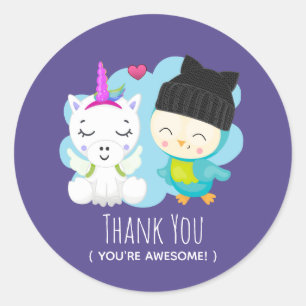 Sticker Rond Cartoon Pals - Bonne licorne et Oiseaux Merci
