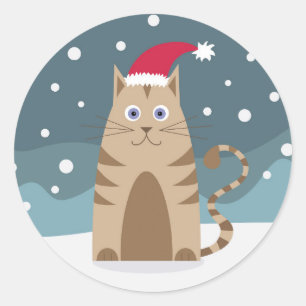 Sticker Rond Cartoon père Noël chaton dans la forêt de neige