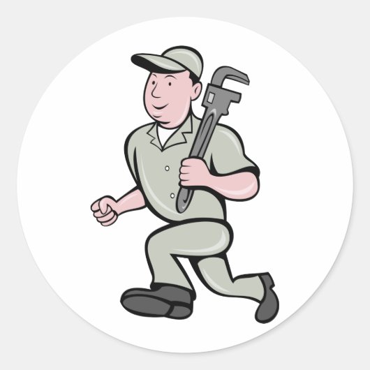 Sticker Rond Cartoon Plumber avec clé de singe en marche (Devant)