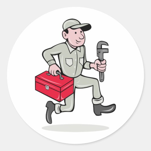 Sticker Rond Cartoon Plumber avec clé de singe en marche (Devant)