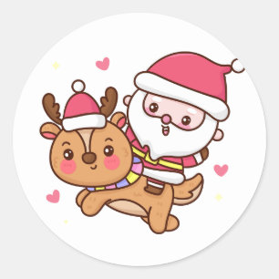 Sticker Rond Cartoon Santa Claus équitation rennes