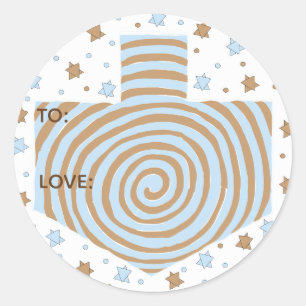 Sticker Rond Cartouches Hanoukka (1 1/2" ou 3")Dreidel/Blue/Bro