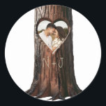 Sticker Rond Carved Heart Tree Stump Rustic Photo Mariage<br><div class="desc">Customisez avec n'importe quel texte.</div>