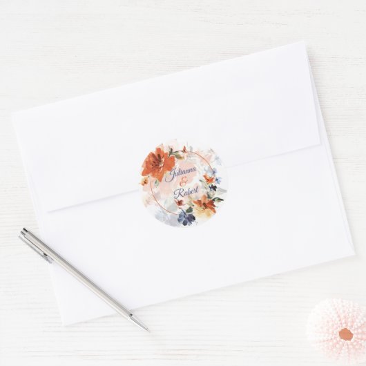 Sticker Rond Cascade orange et bleu mariage floral (Enveloppe)