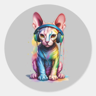 Sticker Rond Casque arc-en-ciel Sphynx Cat