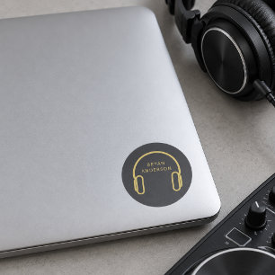 Sticker Rond Casque audio DJ Gold Logo Nom personnalisé