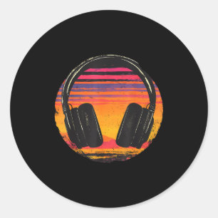 Sticker Rond Casque Audio Dj Musique Coucher de Soleil Musique