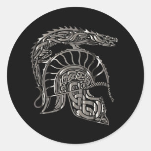 Sticker Rond Casque de dragon métallique de guerrier cool
