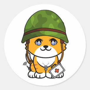 Sticker Rond Casque de l'armée avec chat orange