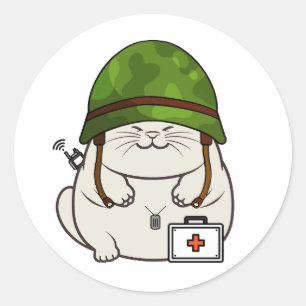 Sticker Rond Casque de l'armée portant un chat gras