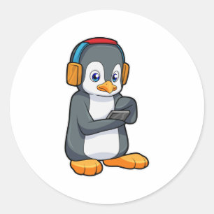 Sticker Rond Casque de musique Penguin
